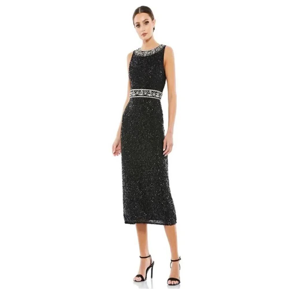 Mac Duggal 10739 Black Sequined Jewel Neck Sheath Cocktail Midi Dress Si…
